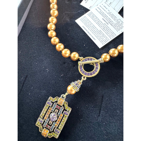 Heidi Daus Bronze Crystal Pearl Necklace Art Deco Toggle w Matching Earrings Box - Picture 2 of 9